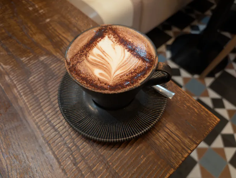 The house mocha: cocoa-dusted latte art in a dark cup